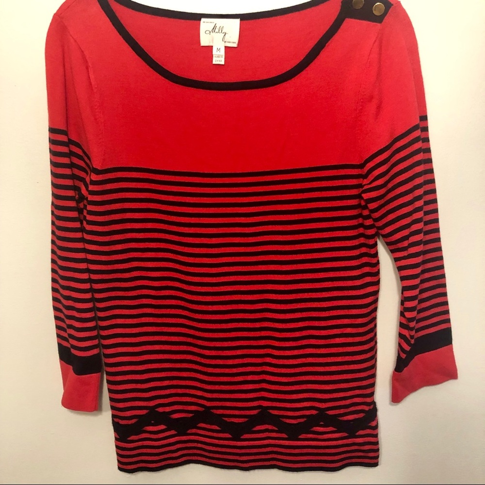 Milly Red Striped Sweater Gold Button Detail